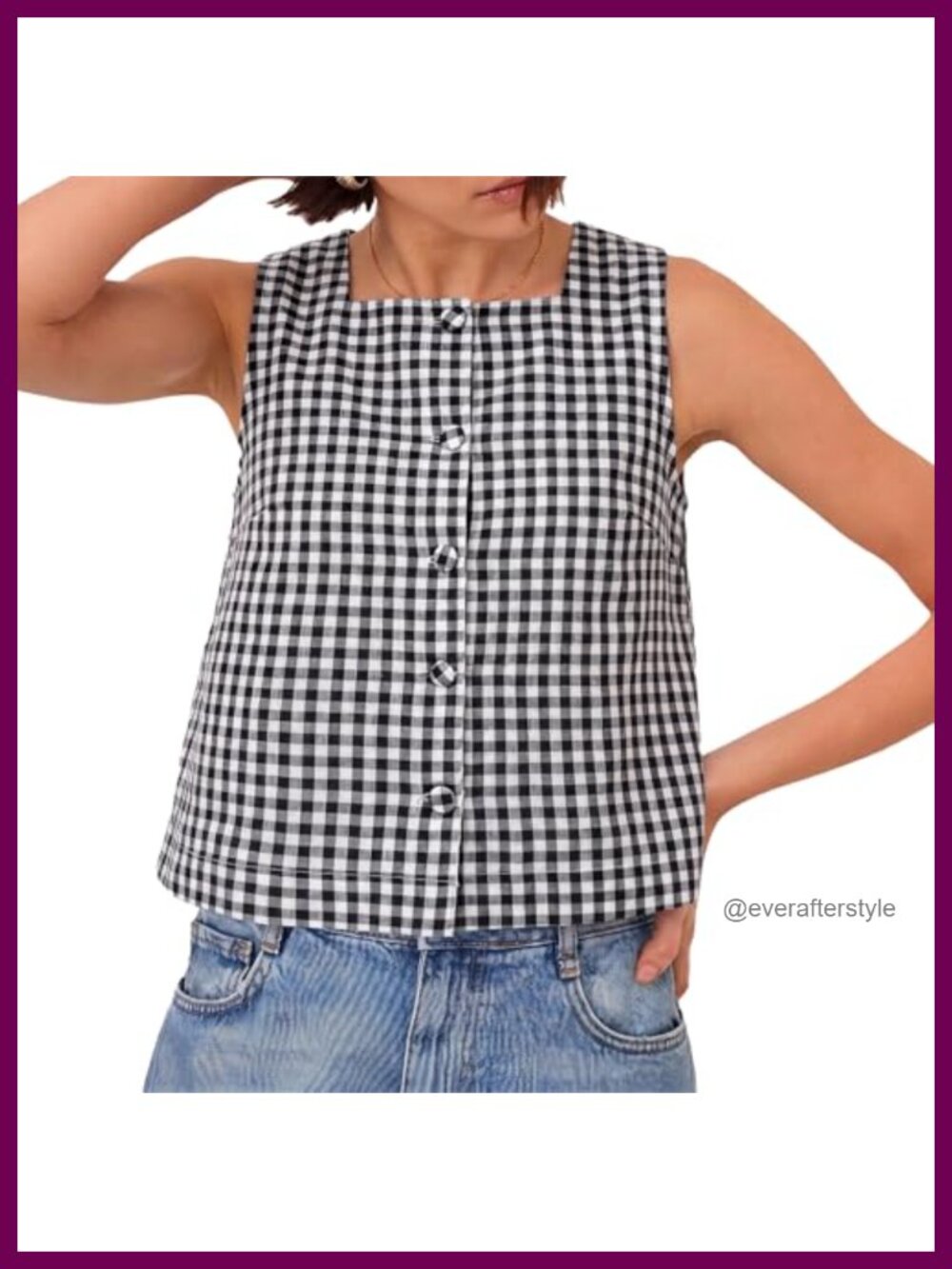 Plaid Square Neck Button Down Crop Tank Top Cotton Sleeveless Summer Top